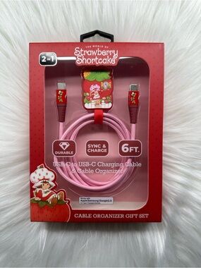 Strawberry Shortcake 6FT Pink USB-C to USB-C Charging Cable with Cable Organizer